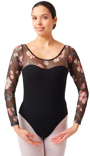 tanzmuster Ballett Trikot Damen Langarm - Dora - Baumwolle - BH-Pad-Einschub - Netzärmel geblümt - Tanz Body - Ballettkleidung für Erwachsene