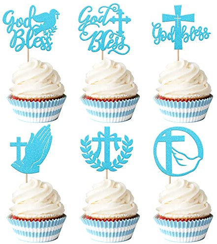 SYKYCTCY 24 Pack God Bless Cupcake Toppers Glitter Cross Cupcake Picks Dove of Peace God Bless Cupcake Decorations for Religious Theme Party Baby Shower Kids Birthday Party Cake Decorations Blue