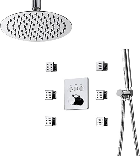 Ensemble de robinet de douche thermostatique pour système de douche Ensemble combiné de douche à effet de pluie rond de 10 po, kit de garniture de baignoire et de douche avec pulvérisateur portatif à