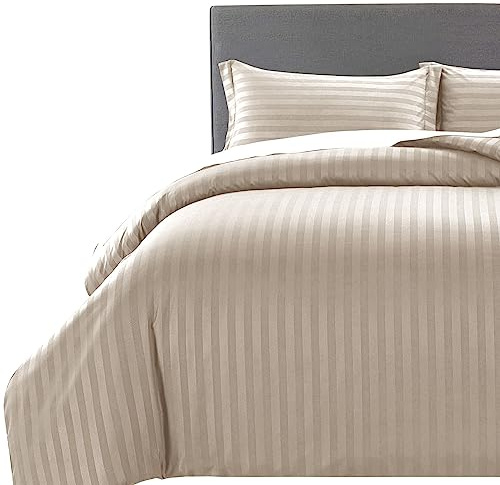 MOONLIGHT20015 Single Duvet Cover Set Reversible Stripes Satin Bedding Set with Pillowcase Soft Hypoallergenic Duvet Covers (Beige 135x200 CM)