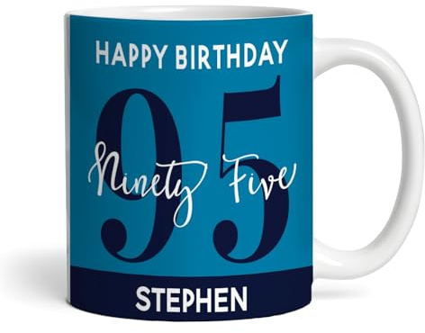 Fingerprint Designs 95th Birthday Photo Gift Blue Tea Coffee Cup Personalised Mug |Personalised Birthday Mug | Photo Mug | Picture Mug | Personalised Mug | 95th Birthday | 95 Years Old |Custom Gift
