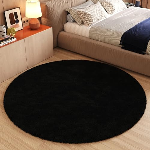TAPISO Essence Rond Tapis Shaggy Poils Longs Moderne Noir Uni Tapis Salon Chambre Adulte Enfant Descente de Lit Moelleux Super Soft Epais Oeko-TEX 100 x 100 cm