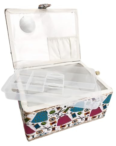 JYC CREATIVE Großer leerer Nähkasten aus Holz, mit Stoff ausgekleidet, mit 8 Fächern, Organizer mit Nadelhalter, Aufbewahrungsbox mit Griff, Zubehörablage (groß, Fäden)