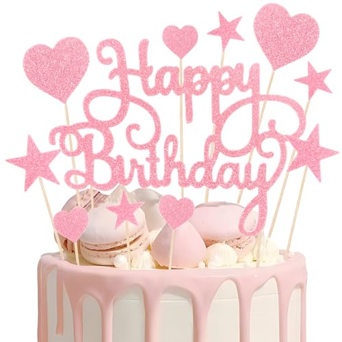Teselife Happy Birthday Cake Topper Pink Decoration 11 pcs Birthday Cake Toppers Kit with Pink Stars Heart Shape Romantic Cupcake Topper for Women Girls Theme Party Decoration
