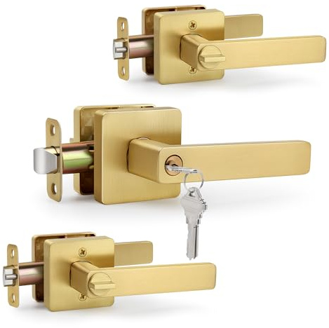 LOQRON Square Keyed Entry Door Lever, Brushed Gold Heavy Duty Door Lever with Key for Entrance Front Door, 3 Pack Wholesale Keyed-NOT-Alike Reversible Door Handle for Right/Left Door, Satin Brass