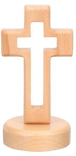 Luxshiny 1satz Holz-kreuzdekor Handgefertigtes Stehendes Ornament Für Tisch Und Raumdekoration Für Christliche Anlässe Und Mit Stabilem Sockel Aus Buchenholz