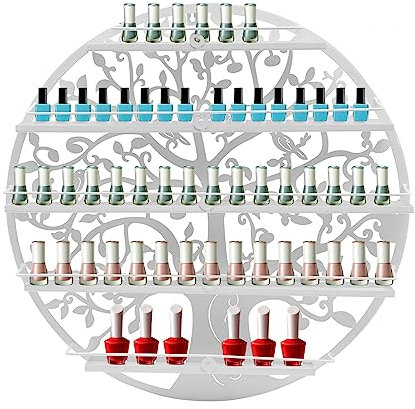 OMGGYER Nagellackregal Wandregal, 5-Tier Regal Baumsilhouette Rund Nagellackhalter, Nagellack Regal Metall Aufbewahrung Organizer für Nagellacke, Lippenstifte, ätherisches Öl, Ø60 cm