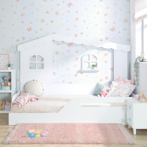 Bainba Cama casita Montessori Ventanas 90x190 cm con luz (Entrada Derecha)