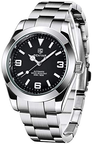 BENYAR Herren elegante 41MM automatische mechanische Uhr wasserdicht Edelstahlband leuchtend lässig Business Analog Armbanduhr, Schwarz-5177