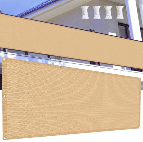 Balkon Sichtschutz Ohne Bohren 140 x 300 cm HDPE Atmungsaktiv Balkonverkleidung Balkonbespannung Reißfest, mit Ösen Kabelbinder Sichtschutz für Balkongeländer, Creme Farben