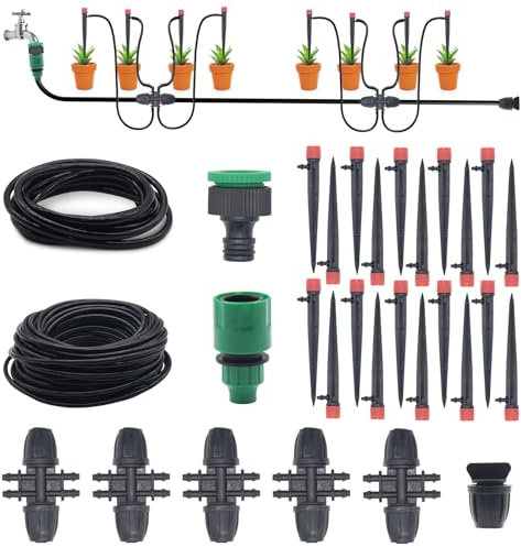 Tropfbewässerungssystem, automatisches Mikro-Tropf-Set mit 1/2 und 1/4 Zoll Bewässerungsschlauch, verstellbare Düse, glitzerndes Gartenbewässerungssystem für Blumen, Topfpflanzen, Gemüse, Gewächshaus