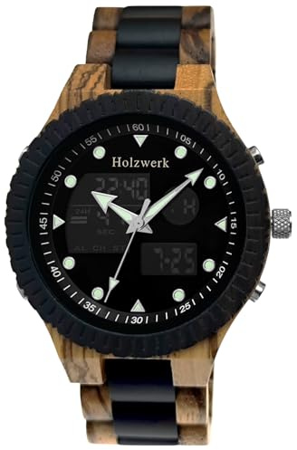 Holzwerk Germany Handgefertigte Designer Digital Analog Herren-Uhr Öko Natur Holz-Uhr Armband-Uhr Led Braun Blau Grün Schwarz
