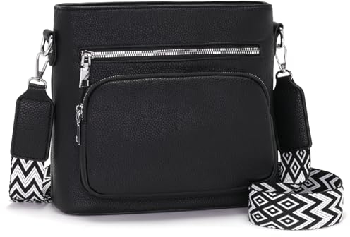 Snmoec umhängetasche damen mittelgroß damen handtasche mittelgross crossbody bag Veganes Leder umhängetasche mit breitem gurt handtaschen schwarz