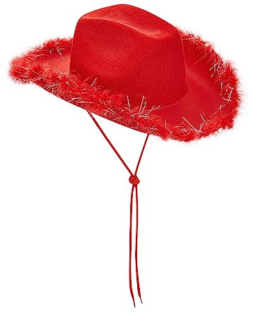 Achlibe Chapeau de cowboy rétro occidental avec plumes à large bord en feutre pour déguisement de fête (A-rouge, taille unique)