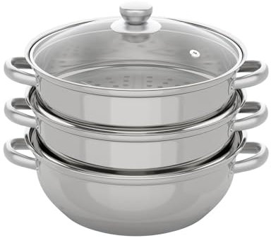 Cuiseur vapeur à 3 niveaux - En acier inoxydable - 28 cm - Compatible avec cuisinière à gaz, induction, four halogène électrique, cuiseur vapeur en acier inoxydable
