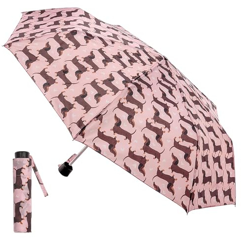 A2Z Damen Faltbarer Souvenir-Regenschirm Dackel-/Würstchenhund-Motiv, leicht, Reiseschirm für Damen, wasserdicht, wetterbeständig, kompakt, Supermini mit 3 Segmenten, 50 cm Schirmdach