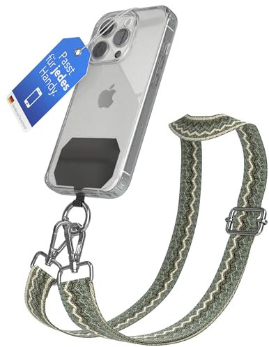 EAZY CASE - Handykette Universal zum Umhängen kompatibel mit jedem Handy Kette mit Hülle kombinierbar Handykordel mit Karabiner für Handyhülle Handyband zum Umhängen Bunt Welle Kordel Grün Beige
