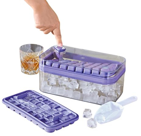 Eldo® Eiswürfel-Bereiter mit Box und Schaufel Lila – Eiswürfelbehälter für 64 Stück – 2 Eiswürfelformen je 32 Stück – mit Aufbewahrungsbox & Schaufel – Drucktaste für einfaches Lösen der Eiswürfel