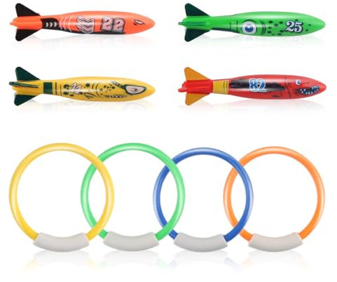 Shyllin 8 Stück Unterwasser Tauchspielzeug für Kinder, Digitaler Tauchring, Torpedo Wasserspielzeug, Schnell Unter Wasser Sinken, Schwimmbad Spielzeug, Tauchringe für Tauchtraining und Poolparty