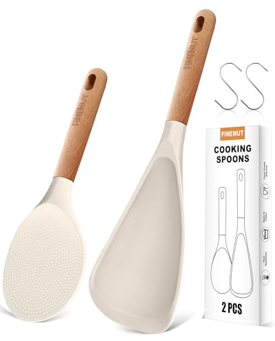 Multifunktionaler Silikon-Spatel, Löffel, 2 Stück, doppelt, hitzebeständig, 230 °C, BPA-frei, ungiftig, Kochen für antihaftbeschichtetes Kochgeschirr, Reiskocher, Holzgriff, Schaufel (Lichtkhaki)