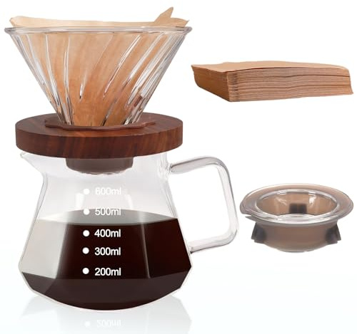 Cafetera de 600 ml de vidrio de borosilicato con 100 filtros de papel cónico V60, tapa de vidrio transparente, jarra de goteo para el hogar, camping, viajes, 20 onzas