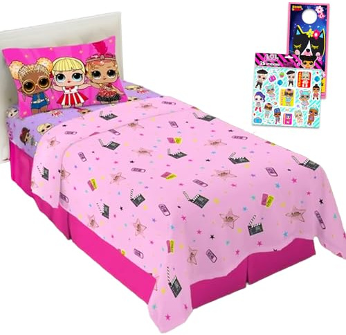 LOL Surprise - Set di biancheria da letto per letto singolo, con lenzuolo piano, lenzuolo con angoli e federa double-face, per letto singolo più adesivi, molto altro | LOL Surprise Bedroom Decor