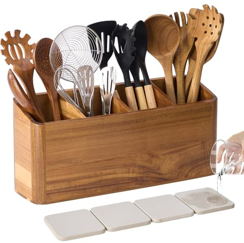 Wooden Utensil Holder for Kitchen Counter, Acacia Wood Kitchen Utensil Holder for Countertop with 4 Compartment, Cooking Utensil Organizer, Silverware Caddy (Acacia Wood, 4Compartment)