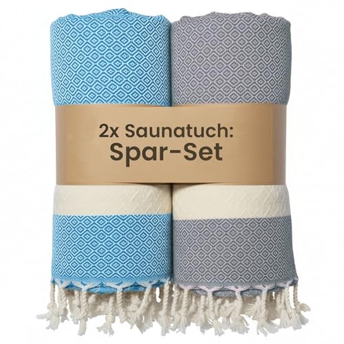 Flora Furora Saunahandtuch Saunatuch Damen + Herren, Hamamtuch groß 100x200 XXL: lang, platzsparend, leicht | Sauna Handtuch, Wellness Spa Tuch (Grau + Blau, 2er Set | 100 x 200 cm)