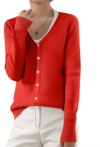 Women Women's Cardigans Ladies Cashmere Button Down Long Sleeve Classic V Neck Solid Color Knitted Cardigan Autumn Winter Soft Sweater Lightweight 01-Red M