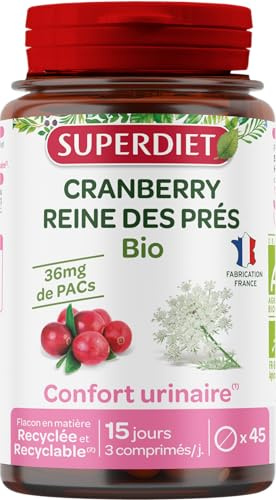 Confort urinaire - Cranberry, Reines des prés - Bio - Comprimés | Cure de 15 jours-45 comprimés-Format voyage- Elimination rénale- Titré 36mg de PACS - Vegan- Fabrication française- Superdiet