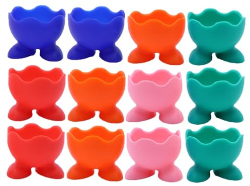 OUNONA 12 piezas Hueveras de Silicona Resistentes y Fáciles de Limpiar Soporte para Huevos Cocidos con Base Antideslizante de Colores Surtidos para Cocina y Microondas Color Aleatorio