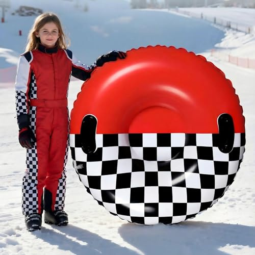 Sotiff 1 Pack Snow Tube for Kids Snow Inflatable Sled Black and White Checkered 36 Inch Cold Resistant PVC Big Thickened Sleds with Handles Winter Toys for Kids Race Car Party Favors Gifts