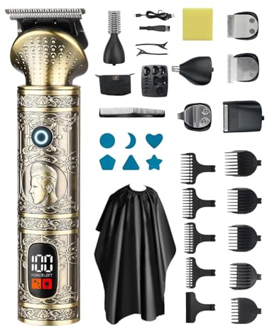 Tondeuse Barbe Homme Professionnelle 7 en 1, Tondeuse Cheveux Sans Fil Étanche avec Lame en T, Écran LED, USB-C Charge Rapide, Kit Tondeuse Corps & Visage, Idée Cadeau Rasoir Homme