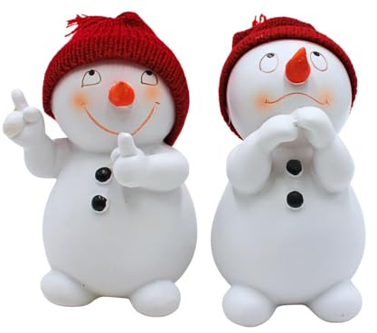 Dekohelden24 Pupazzi di neve, pupazzi di neve, pupazzo di neve in ceramica, pupazzo di neve decorativo, set da 2 personaggi invernali, statuette da neve in set con berretti rossi, L x P 8 x 7 x 15 cm.