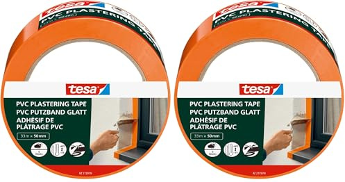 Tesa Ruban Adhésif de Plâtrage avec Support en PVC Renforcé - Protection lors du Plâtrage en Extérieur - Résistant aux Températures, Se Déchire à la Main - Orange - 33 m x 50 mm (Lot de 2)