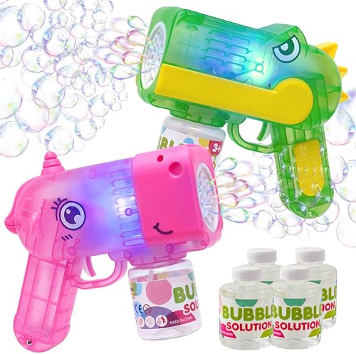 2 tvålbubblor, pistoler för barn med 4 x 50 ml såpbubbelvätska, tvålbubbelpistol för inomhus- och utomhusspel, sommartemafest, födelsedag, festfavoriter (dinosaurie, enhörning)