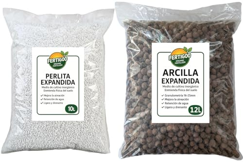 Fertigoo® Perlita 10L + Arcilla 12L para Plantas | Sustratos Ligeros para Macetas | Mejora Drenaje y Aireación | Ideal para Semilleros, Esquejes, Suculentas y Cactus