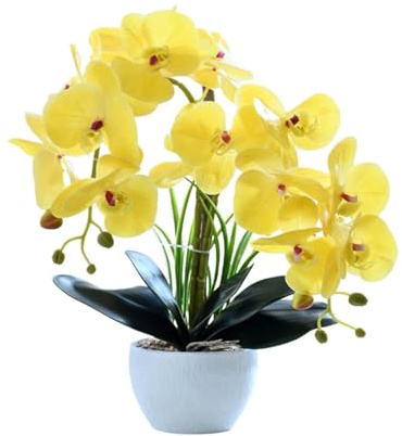 Orchids Artificial Flowers 15.7in 14Petals Fake Orchid with Pot, Yellow | Faux Phalaenopsis Orchid, 3D Printed, Real Touch, For Home Office Decoration, Made of Polyurethane, Plastic, Metal Wire
