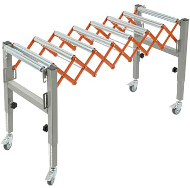 Justerbart stödbord verkstad rullvagn, 50 kg lastkapacitet, rullbandskena med 4 styrhjul med bromsar, höjd- och längdjusterbar, inlopps-/utloppsbord för bordssåg, hyvelmaskin
