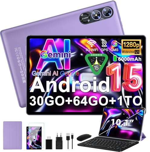 Tablette Android 15 Gemini AI 10 pouces,30+64GO,6000mAh,Widevine L1,Violet | Souris+clavier+étui en cuir,Audio 3,5 mm / GMS / Wi-Fi6 & Bluetooth 5.0 / 6000mAh / GPS