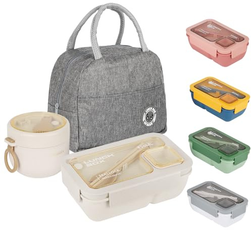 Lunch Box Adults, Bento Box Set with Lunch Bag, Utensils, Oats Container | Leakproof Food Storage with Fork & Spoon for Men Women Student Office School, Beige