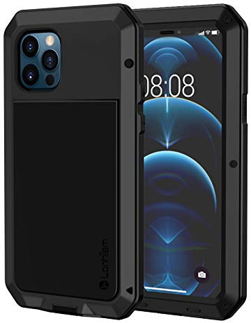 Lanhiem für iPhone 12 Hülle, iPhone 12 Pro Hülle, 360 Grad Outdoor Schutzhülle Stoßfest Metall Ganzkörper Panzerhülle Staubdicht Heavy Duty Case mit Eingebautem Displayschutz, Schwarz