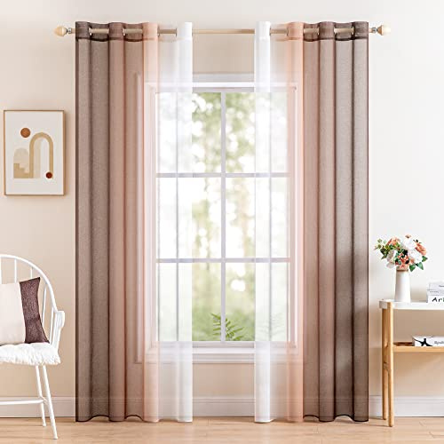 MIULEE Cortina Gradiente Horizontal Poliéster Translúcida Visillo Moderno Degradado con Ojales Plateados Gasa para Ventanas Habitación Dormitorio Cocina Sala de Estar 2 Piezas 140x145cm Café Ligero