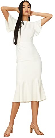 Trendyol Damen Women Basics Midi Wrapover Regular Fit Woven Dress Damen Basics Midi Wickelkleid mit normaler Passform, White,