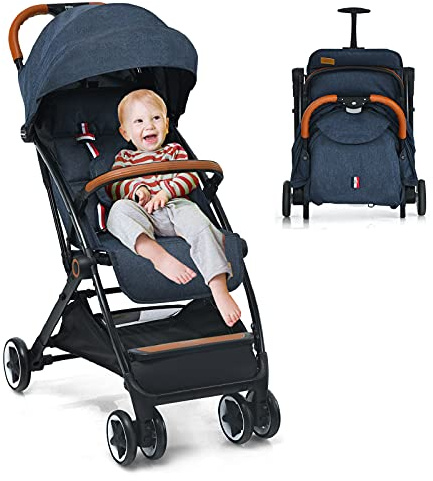 GYMAX Baby Foldable Stroller, Adjustable Backrest Pushchair with Safety Belt, Storage Basket, Leather Handle and Lockable Wheels, Toddler Pram Carriage for 0-3 Years Olds Infant Kids (Blue)