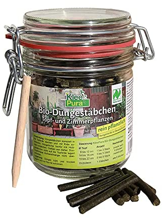 KleePura Bio Düngestäbchen (200g) im Glas. Kleedünger für Topfpflanzen, Zimmerpflanzen, Grünpflanzen & Blühpflanzen. Inkl. Steckhölzchen.