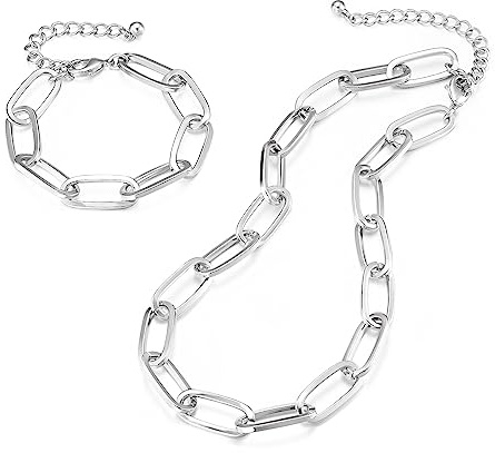LANE WOODS Gold Chain Necklace and Bracelet for Women Ladies Dainty and Chunky Chain Link Paperclip Jewelry Set(silver 15 Necklace+7 Bracelet)