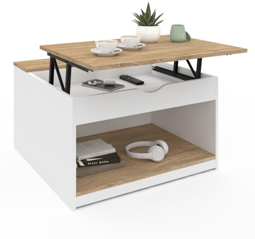 IDMarket - Table Basse Plateau relevable carrée ELEA avec Coffre Bois Blanc et façon hêtre