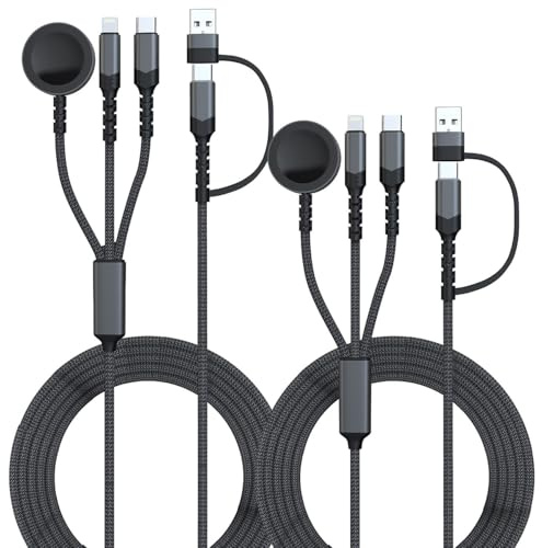Callstel AllInOne USB Ladekabel: 2er-Set 6in1-Octopus-Ladekabel für Apple Watch & iPhone, 60 W, 200 cm (Induktionsladegeräte Apple Watch, USB Kabel, Qi)