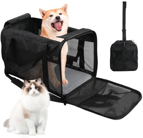 Amexo Transporttasche für Katze Hund, Hundebox Faltbar Katzen Transportboxen Hundetragetasche Transportbox mit Tragegriffen & Decke für Mittelgroße Katzen & Hunde bis 10 kg, 44 x 27 x 28 cm（Schwarz）